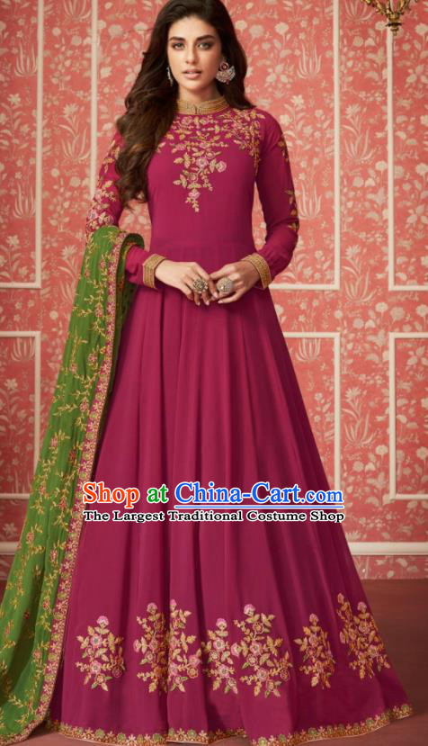 Indian Traditional Court Rosy Georgette Anarkali Dress Asian India National Festival Costumes for Women