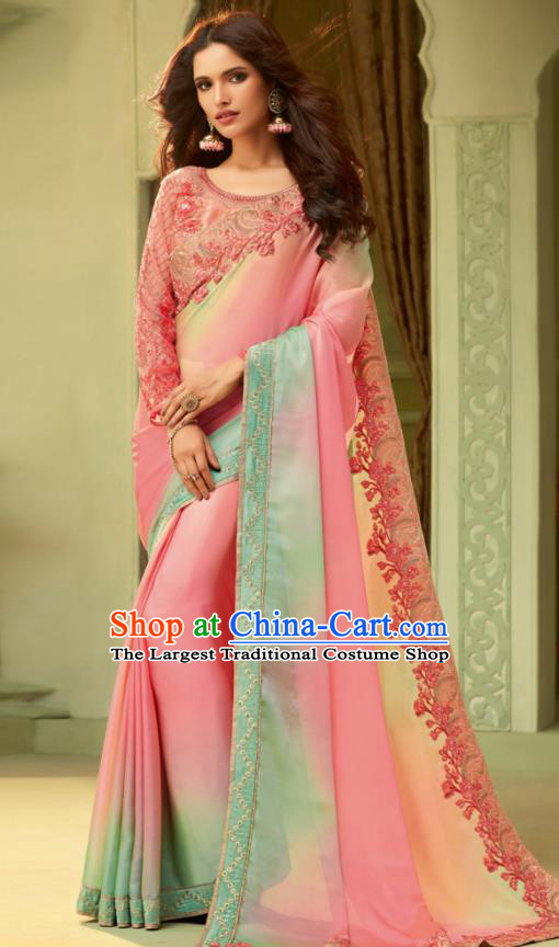 Indian Traditional Sari Bollywood Court Gradient Pink Dress Asian India National Festival Costumes for Women