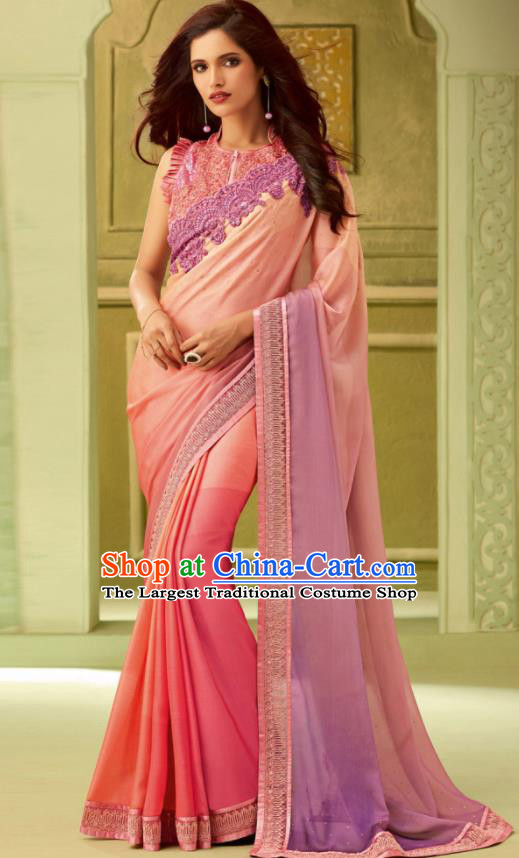 Indian Traditional Sari Bollywood Court Pink Dress Asian India National Festival Costumes for Women