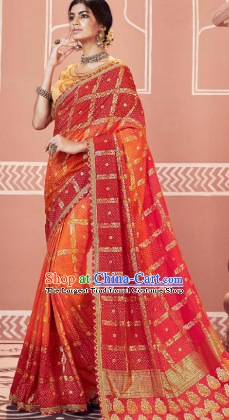 Indian Traditional Sari Bollywood Printing Red Dress Asian India National Festival Costumes for Women