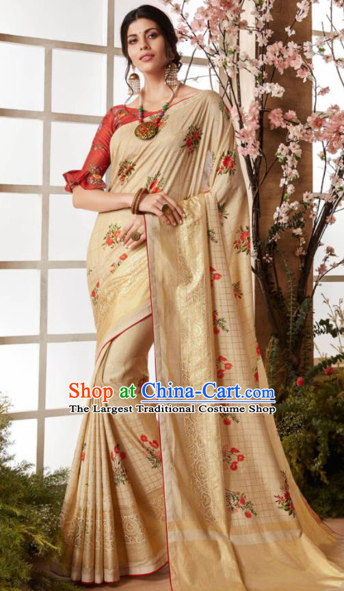 Indian Traditional Bollywood Sari Apricot Dress Asian India National Festival Costumes for Women