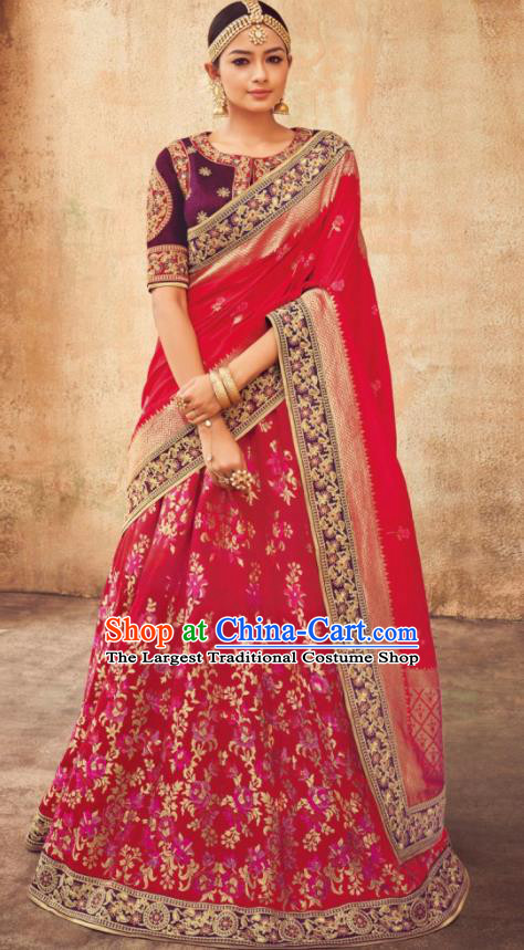 Indian Traditional Bollywood Lehenga Red Banarasi Silk Dress Asian India National Festival Costumes for Women