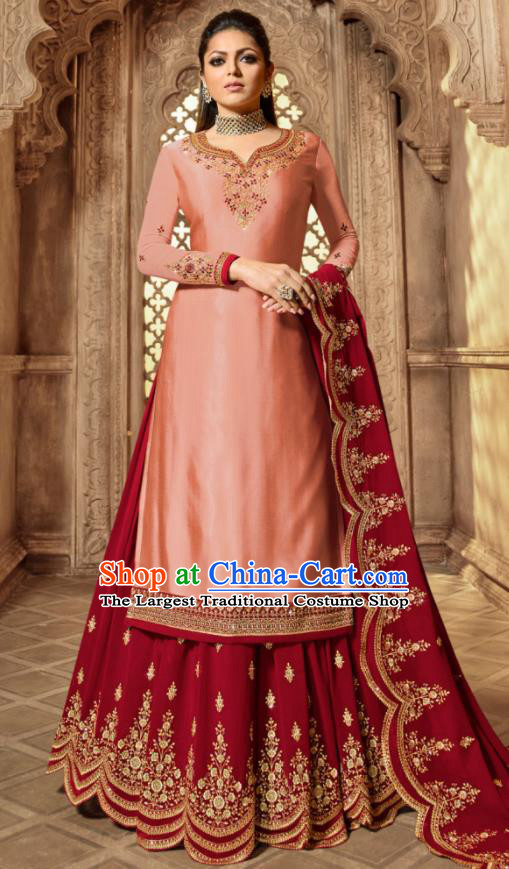 Asian Indian Embroidered Pink Satin Blouse and Wine Red Skirt India Traditional Lehenga Choli Costumes Complete Set for Women