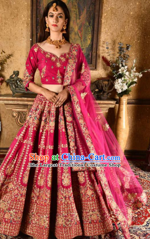 Indian Traditional Bollywood Wedding Embroidered Lehenga Rosy Dress Asian India National Festival Costumes for Women