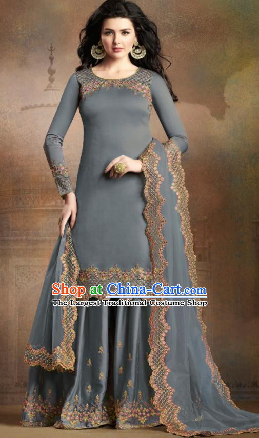 Asian Indian Traditional Embroidered Grey Blue Satin Blouse and Loose Pants India Punjabis Lehenga Choli Costumes Complete Set for Women