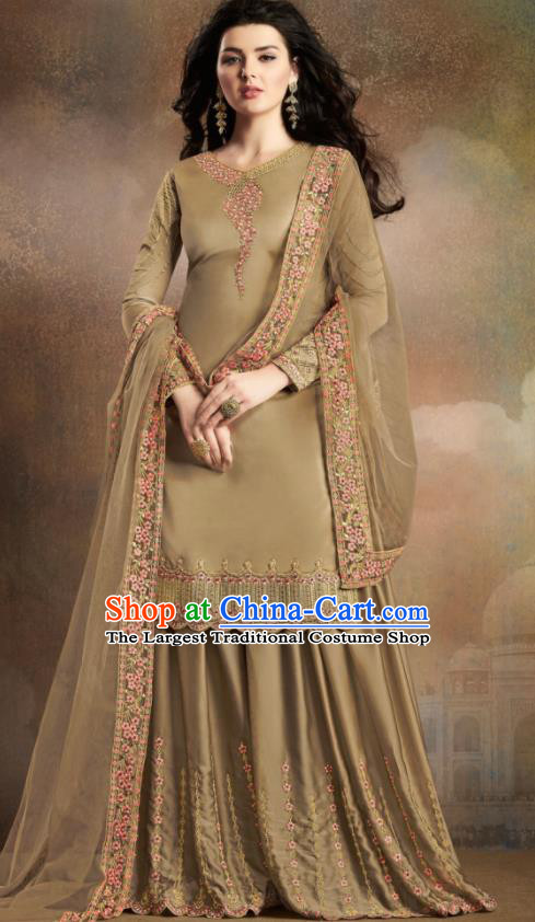 Asian Indian Traditional Embroidered Khaki Satin Blouse and Loose Pants India Punjabis Lehenga Choli Costumes Complete Set for Women