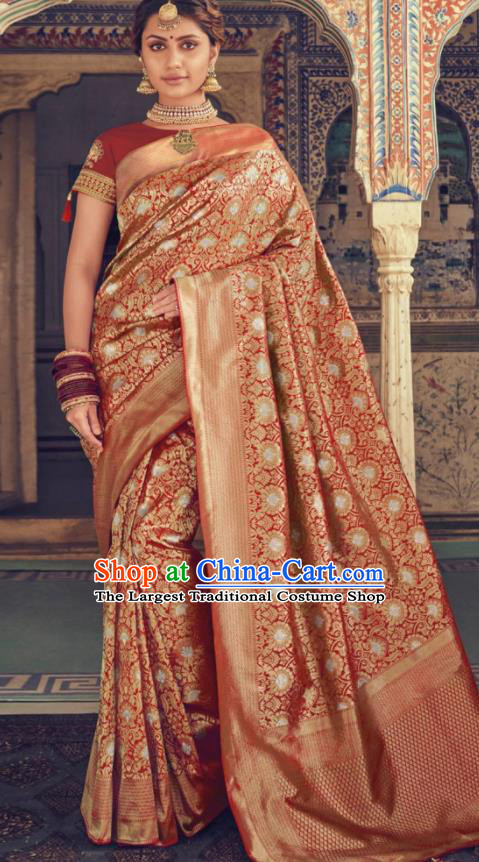 Indian Traditional Festival Saffron Silk Sari Dress Asian India National Court Bollywood Costumes for Women