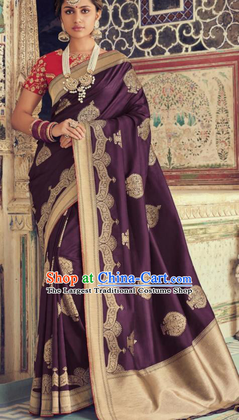 Indian Traditional Festival Deep Purple Silk Sari Dress Asian India National Court Bollywood Costumes for Women