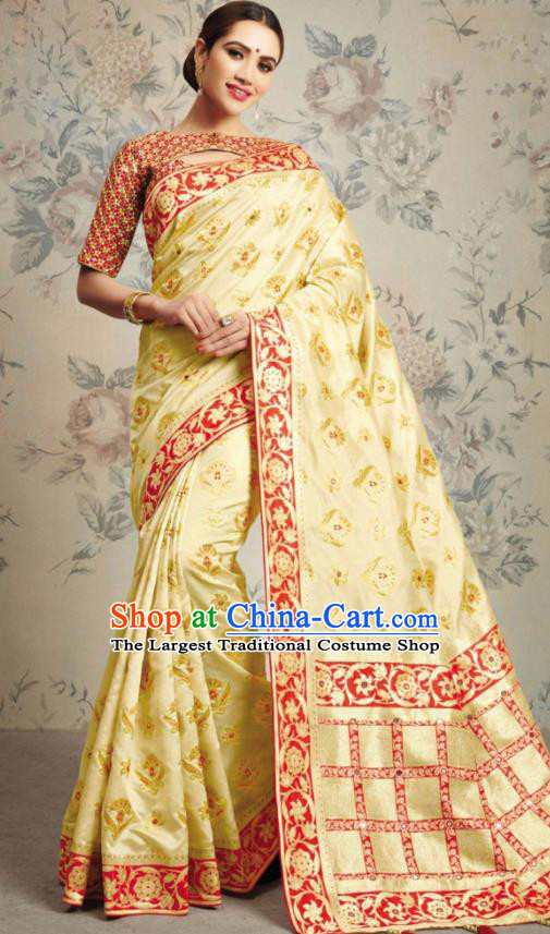 Indian Traditional Festival Jacquard Yellow Sari Dress Asian India National Court Bollywood Costumes for Women