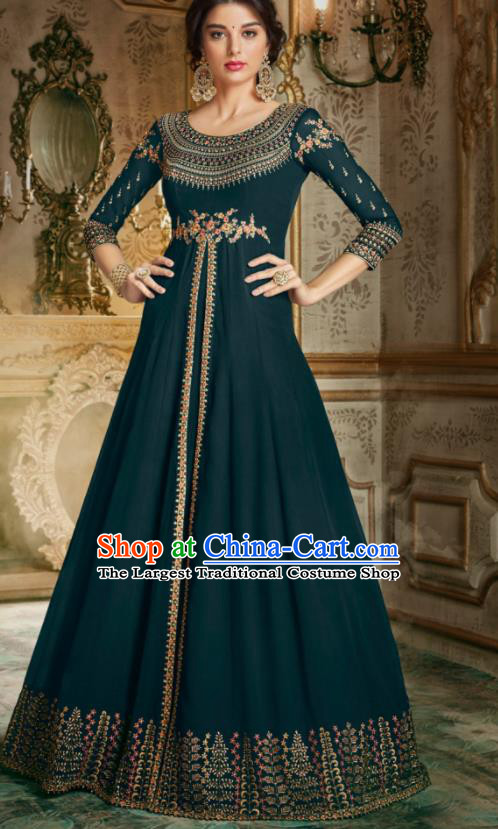 Indian Traditional Festival Peacock Green Anarkali Dress Asian India National Court Bollywood Costumes for Women