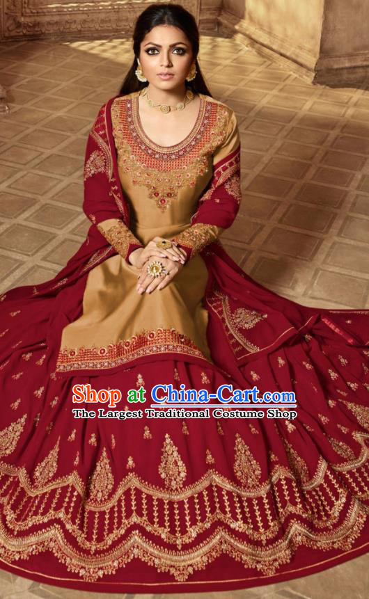 Asian Indian Embroidered Khaki Satin Blouse and Wine Red Skirt India Traditional Lehenga Choli Costumes Complete Set for Women