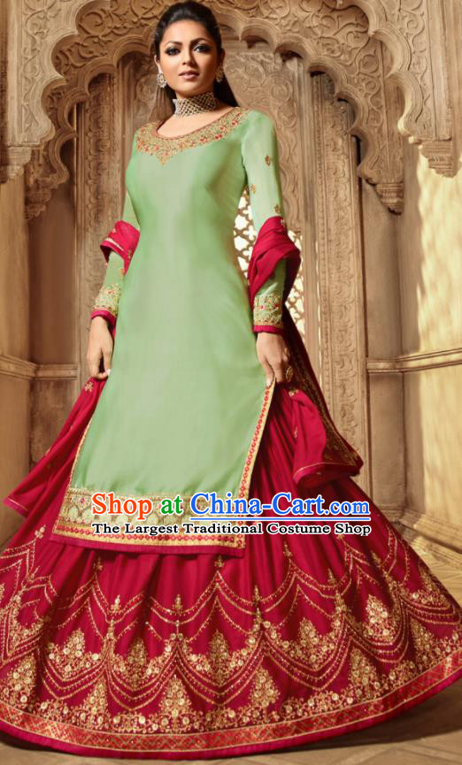 Asian Indian Embroidered Green Satin Blouse and Red Skirt India Traditional Lehenga Choli Costumes Complete Set for Women