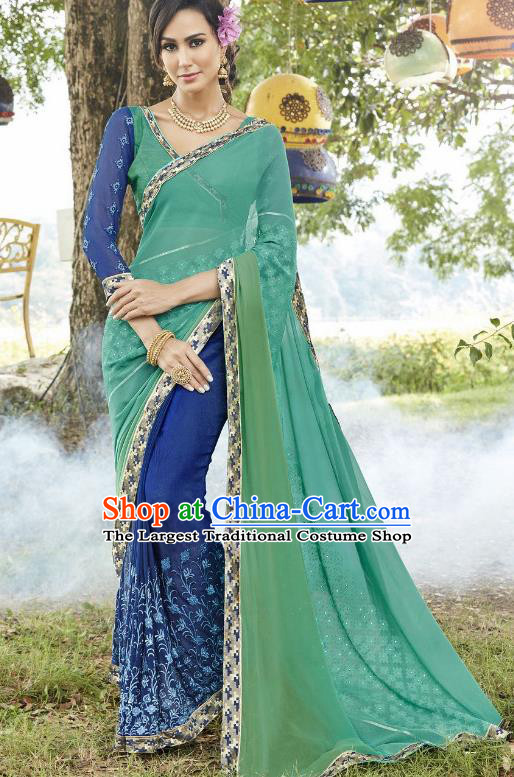 Traditional Indian Embroidered Royalblue and Green Georgette Sari Dress Asian India National Bollywood Costumes for Women