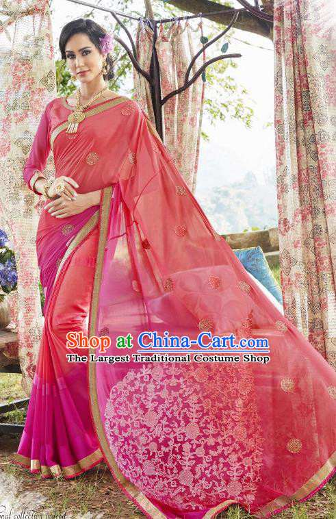 Traditional Indian Embroidered Pink and Rosy Georgette Sari Dress Asian India National Bollywood Costumes for Women