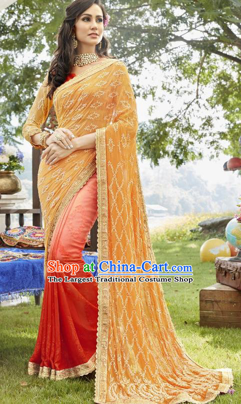 Traditional Indian Embroidered Orange and Red Georgette Sari Dress Asian India National Bollywood Costumes for Women