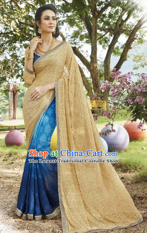 Traditional Indian Embroidered Ginger and Blue Georgette Sari Dress Asian India National Bollywood Costumes for Women