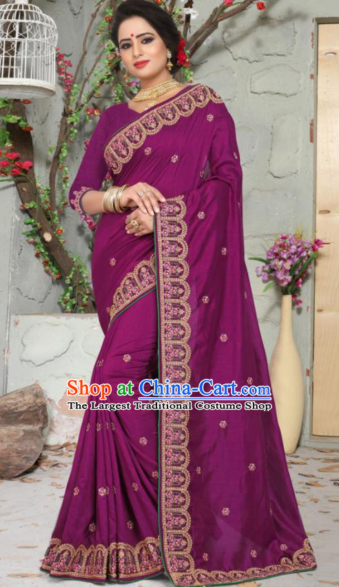 Traditional Indian Embroidered Purple Silk Sari Dress Asian India National Bollywood Costumes for Women