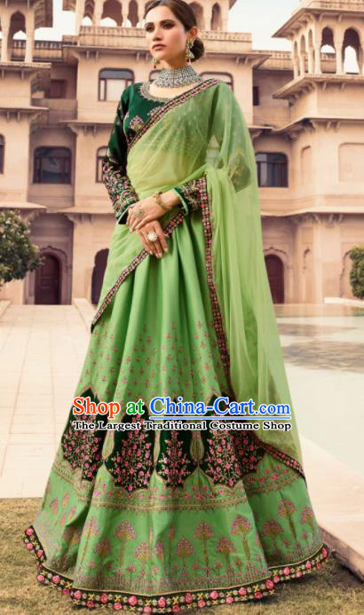 Traditional Indian Embroidered Lehenga Green Silk Dress Asian India National Bollywood Costumes for Women