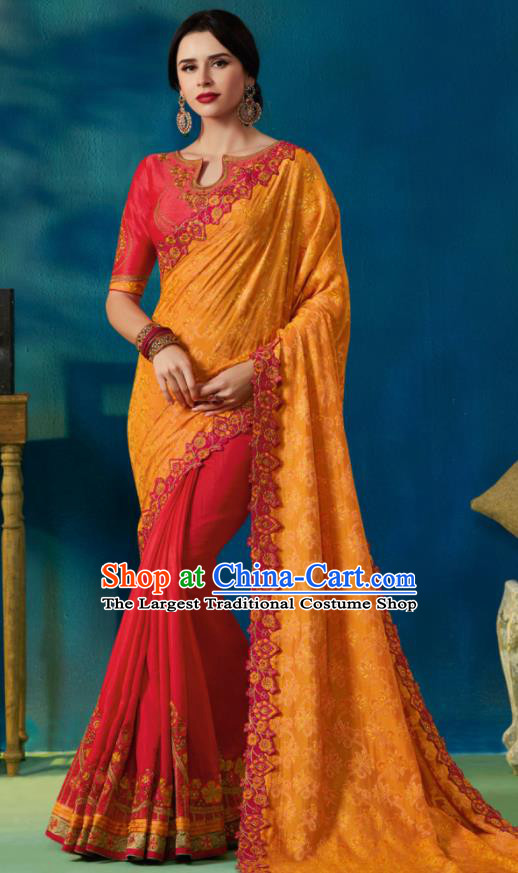 Traditional Indian Sari Embroidered Yellow and Rosy Silk Dress Asian India National Bollywood Costumes for Women