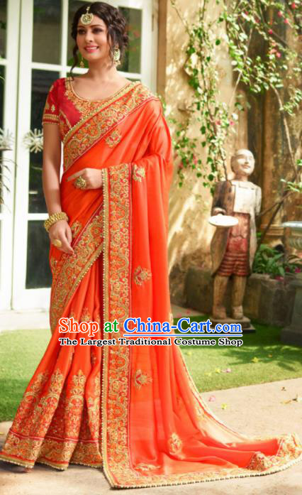 Traditional Indian Court Bride Embroidered Orange Sari Dress Asian India National Bollywood Costumes for Women