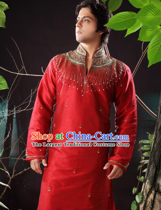 Asian Indian Sherwani Bridegroom Embroidered Red Clothing India Traditional Wedding Costumes Complete Set for Men