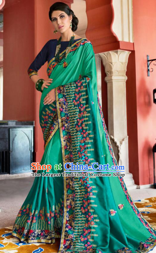 Traditional Indian Court Queen Embroidered Green Silk Sari Dress Asian India National Bollywood Costumes for Women