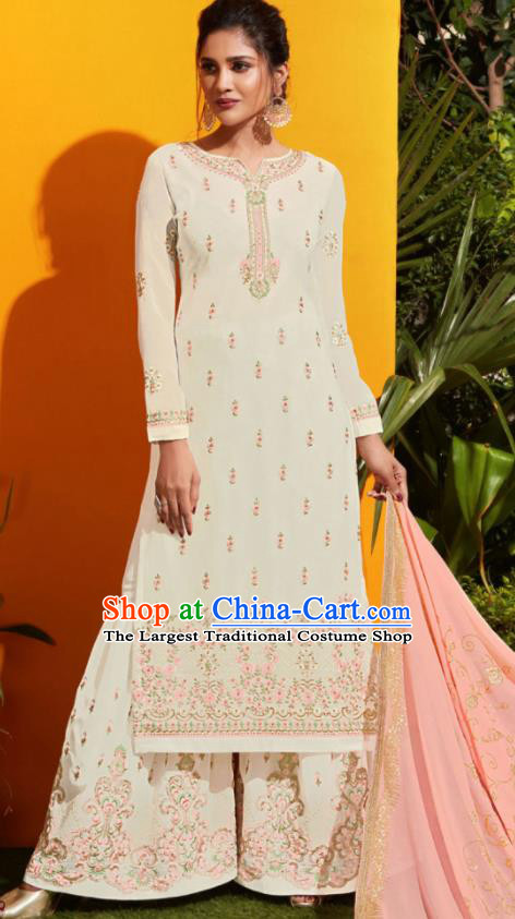 Traditional Indian Lehenga Embroidered White Georgette Blouse and Pants Asian India Punjab National Costumes for Women