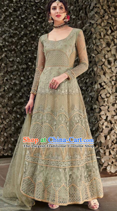 Traditional Indian Embroidered Light Green Anarkali Dress Asian India National Costumes for Women