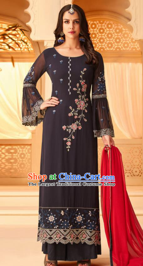 Traditional Indian Punjab Black Georgette Blouse and Pants Asian India National Costumes for Women