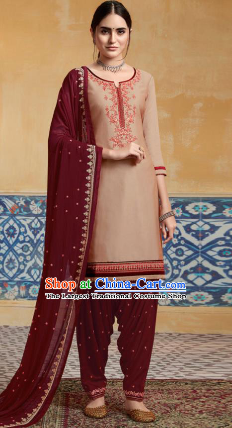 Traditional Indian Punjab Apricot Satin Blouse and Wine Red Pants Asian India National Costumes for Women