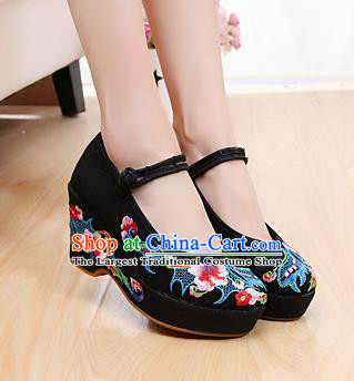 Chinese Wedding Black High Heels Shoes Traditional Hanfu Shoes Opera Shoes Embroidered Shoes for Women