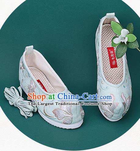 Chinese National Winter Brushed Green Embroidered Shoes Traditional Hanfu Shoes Princess Shoes Opera Shoes for Women