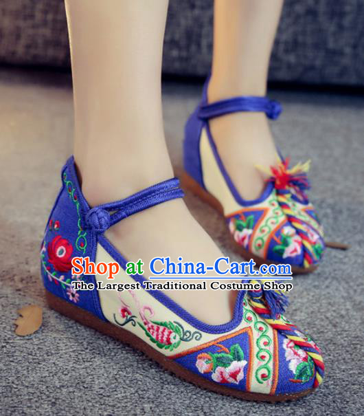 Traditional Chinese National Blue Shoes Embroidered Shoes Hanfu Shoes for Women