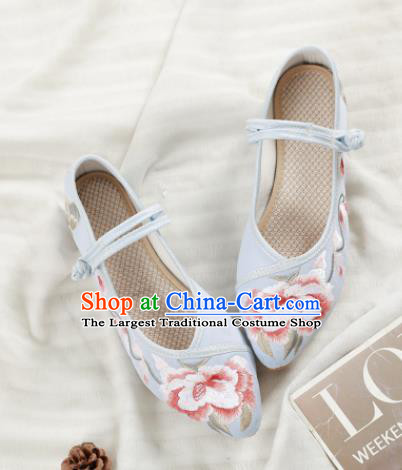 Traditional Chinese National Embroidery Peony Light Blue Shoes Embroidered Shoes Hanfu Shoes for Women