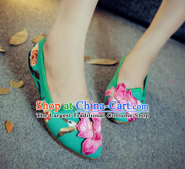 Traditional Chinese Embroidery Lotus Green Shoes Embroidered Shoes Cloth Shoes for Women