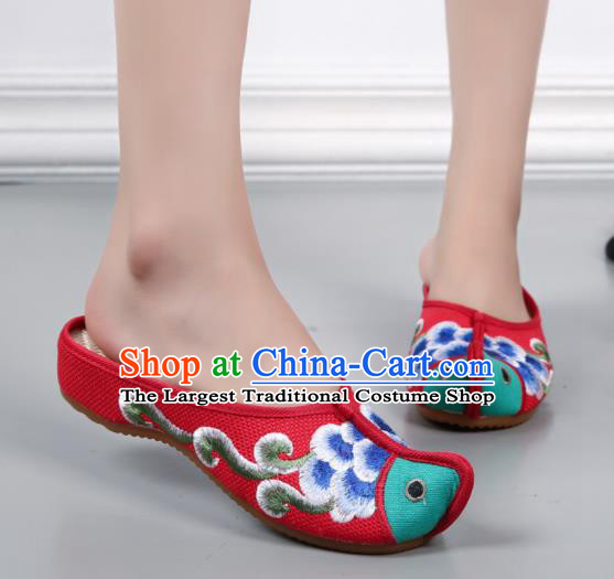 Traditional Chinese Fish Head Red Shoes Embroidered Shoes Cloth Shoes for Women