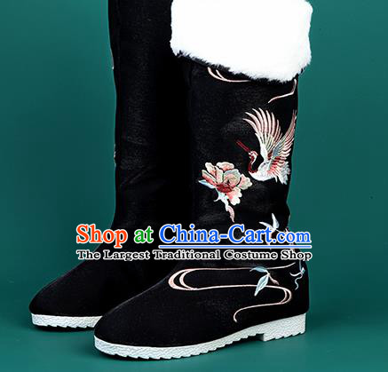 Chinese Traditional Embroidered Crane Black High Boots Hanfu Shoes Cloth Boots for Women