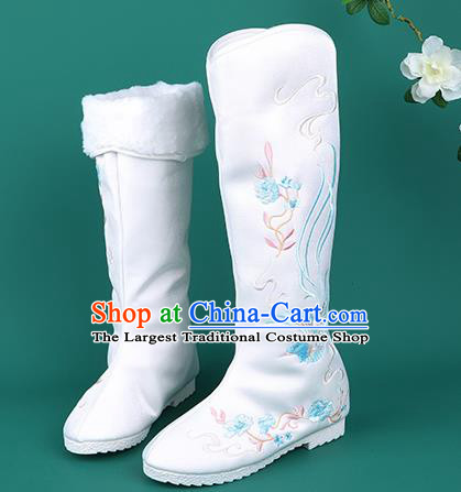 Handmade Chinese Cloth Boots Traditional Embroidered Phoenix White Boots Hanfu Shoes for Women