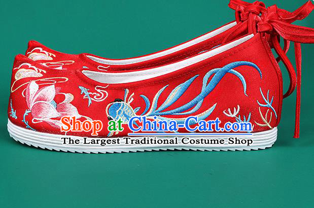 Chinese Traditional Embroidered Goldfish Lotus Red Shoes Hanfu Shoes Princess Shoes for Women