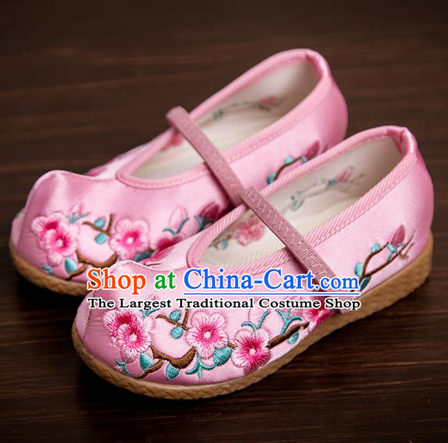 Handmade Chinese National Shoes Traditional New Year Pink Embroidered Shoes Hanfu Shoes for Kids