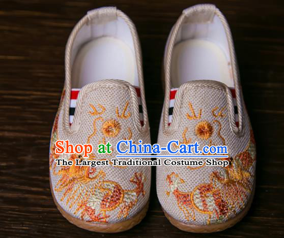 Handmade Chinese Traditional Beige Canvas Embroidered Dragon Shoes New Year National Shoes Hanfu Shoes for Kids