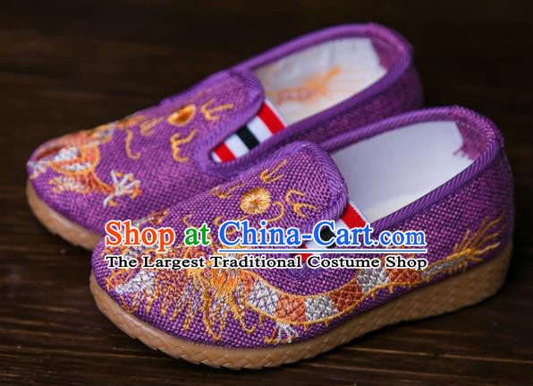 Handmade Chinese Traditional Purple Canvas Embroidered Dragon Shoes New Year National Shoes Hanfu Shoes for Kids