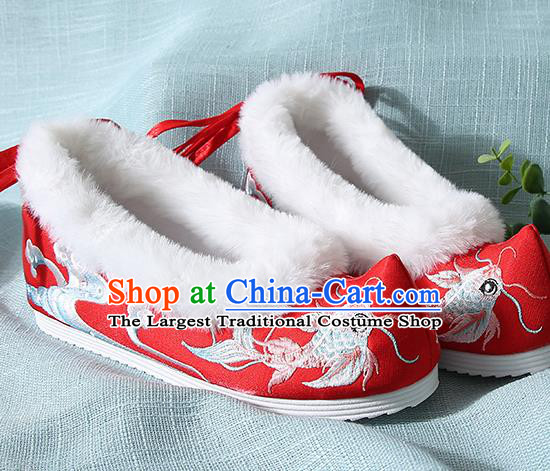 Traditional Chinese Handmade Embroidered Goldfish Red Shoes Wedding Shoes Hanfu Shoes Princess Shoes for Women