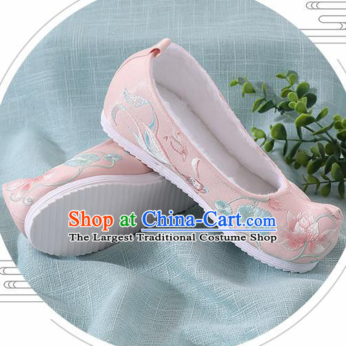 Chinese Handmade Embroidered Lotus Goldfish Pink Shoes Traditional Ming Dynasty Hanfu Shoes Princess Shoes for Women