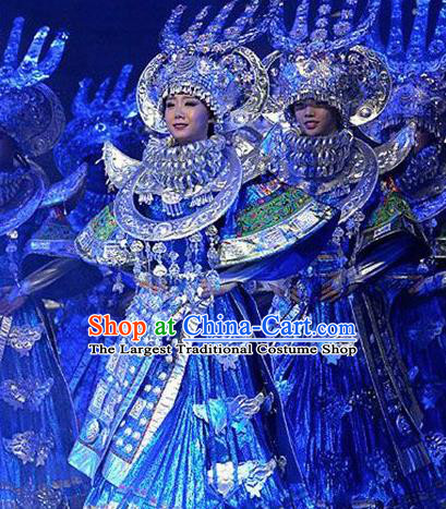 Chinese Dance Drama Colorful Guizhou Yi Nationality Dance Blue Dress Stage Performance Dance Costume and Headpiece for Women