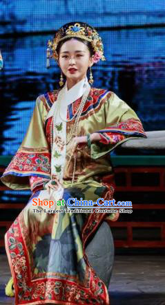 Deling and Cixi Chinese Qing Dynasty Imperial Consort Silk Dress Stage Performance Dance Costume and Headpiece for Women