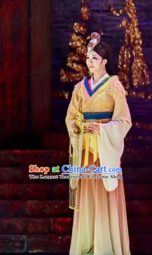 Lady Zhaojun Chinese Han Dynasty Princess Dance Yellow Dress Stage Performance Dance Costume and Headpiece for Women