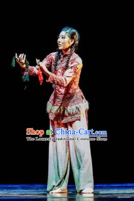 Fu Sheng Chinese Folk Dance Fan Dance Dress Stage Performance Dance Costume and Headpiece for Women