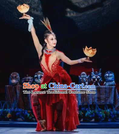 Menogga Garden Chinese Classical Dance Red Dress Stage Performance Dance Costume and Headpiece for Women