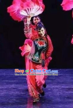 Drama Lan Huahua Chinese Folk Dance Fan Dance Dress Stage Performance Dance Costume and Headpiece for Women